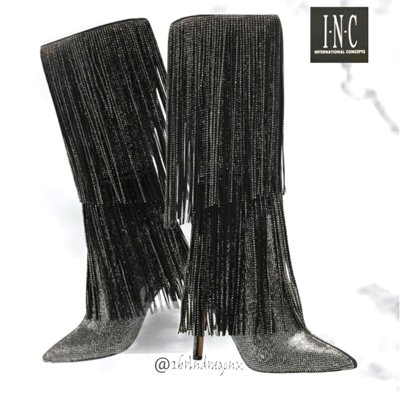 NWT Fringe Rhinestone Beaded Heeled Knee-High Boots Pointed Toe Metallic Boot - Picture 16 of 16